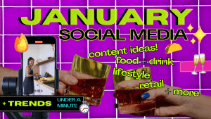 Graphic with the word January and social media content ideas, including food and drink, lifestyle, retail, and more, shown on a purple grid background with hands holding drinks and a phone displaying a woman in a kitchen.